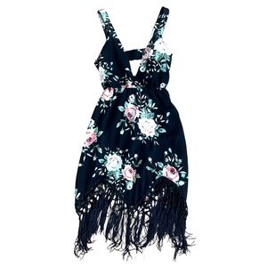 Women's Black Floral Tassel Hem Midi Dress